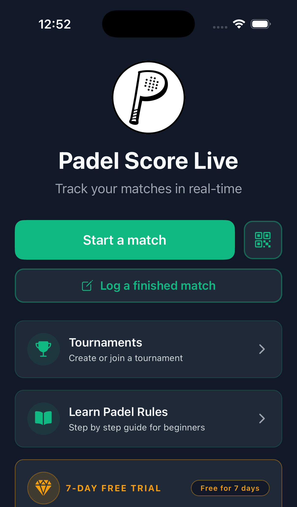 Padel Score Live home screen